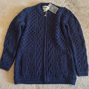 Aran Crafts Merino Wool Long Zip-Front blue Cardigan, Size medium